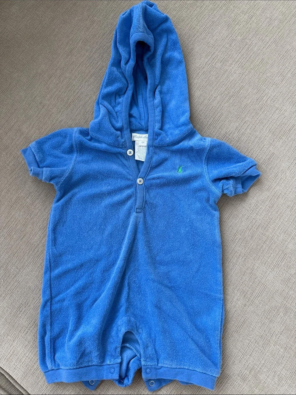 Ralph Lauren Hooded Terry One-Piece Romper in Bright Blue